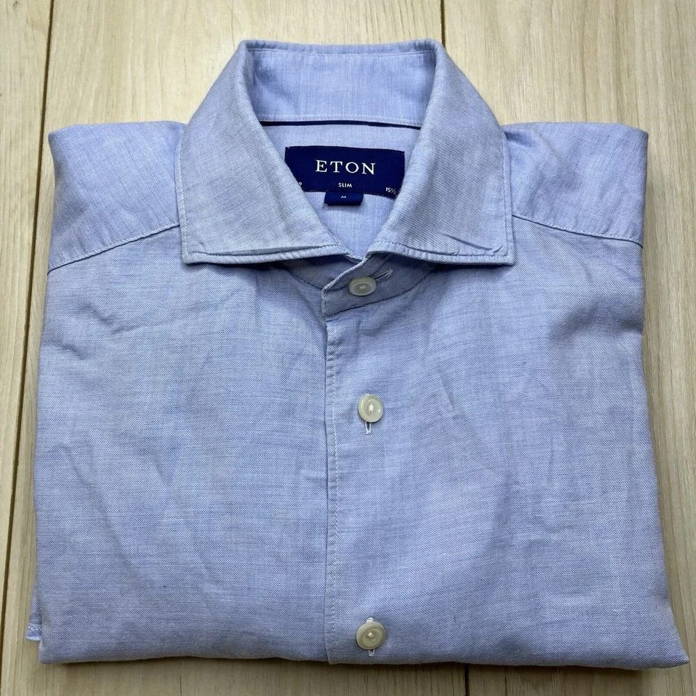 Eton Slim Casual Button Up Shirt Cotton Silk Blend Blue Mens Size Medium 15 1/2 - Picture 1 of 13